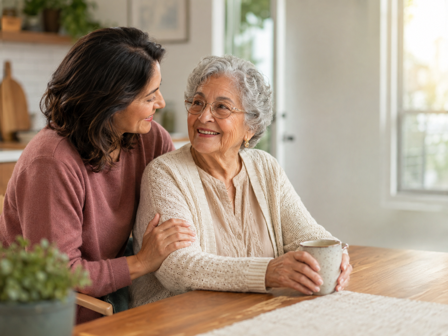 A daughter sitting at the kitchen table with her mother over morning coffee